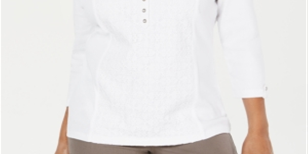 Karen Scott Top Henley Feminino de Algodão com Ilhós Frontais Branco Tamanho Pequeno P/M
