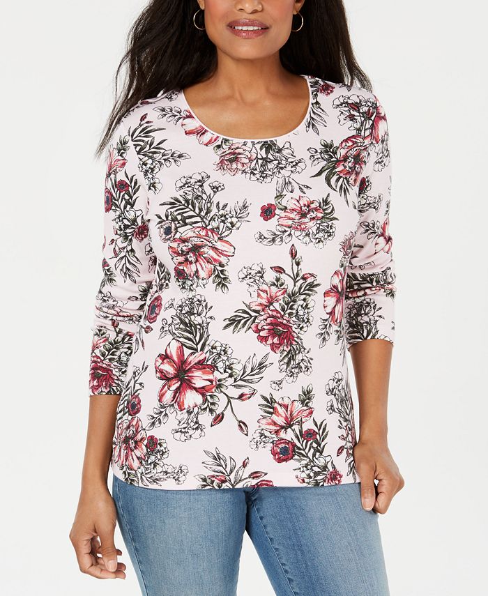Karen Scott Blusa Feminina Estampada Decote Redondo Branca Tamanho Grande