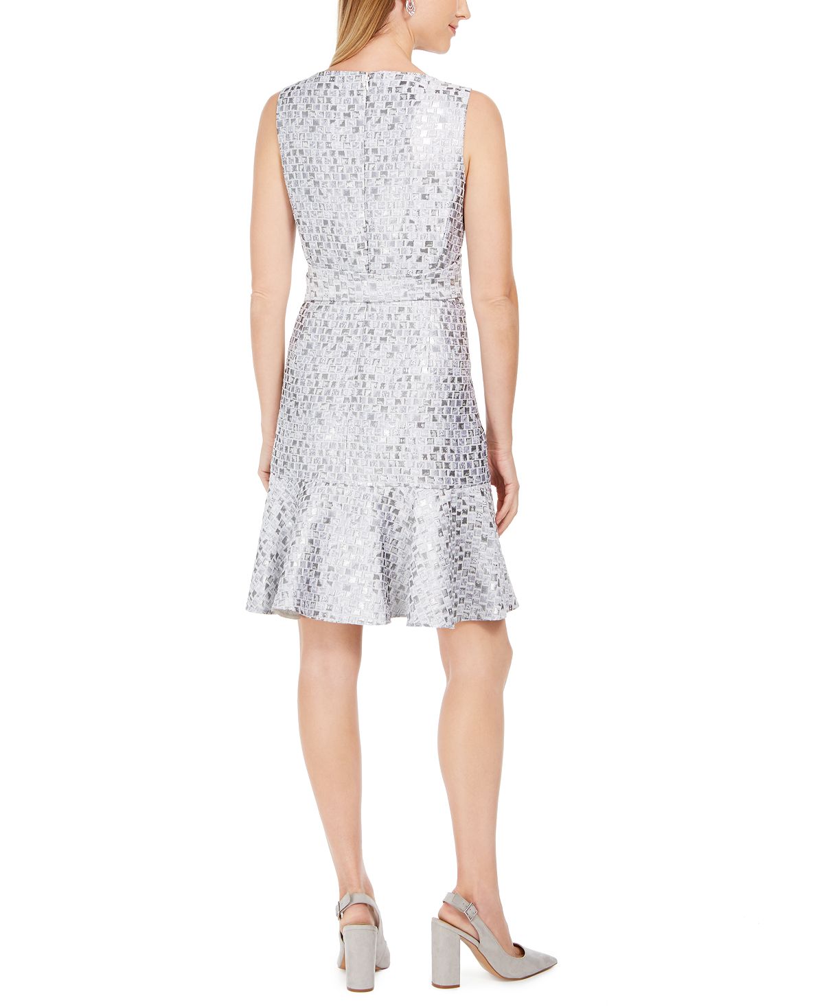 Vestido feminino Natori com babados e cinto Obi em mosaico, cinza, tamanho 10