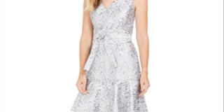 Vestido feminino Natori com babados e cinto Obi em mosaico, cinza, tamanho 10