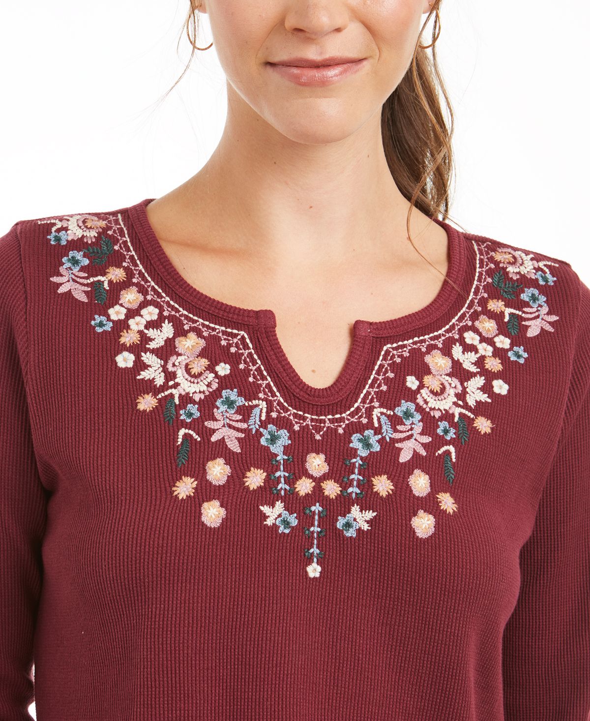 Blusa térmica feminina de algodão bordado Style &amp; Co, vermelha, tamanho pequeno M