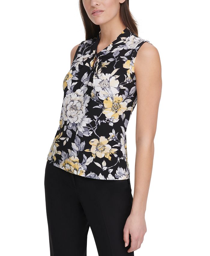 Blusa feminina Tommy Hilfiger com estampa floral e decote torcido - Azul-marinho, tamanho P