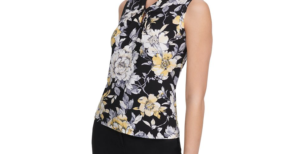 Blusa feminina Tommy Hilfiger com estampa floral e decote torcido - Azul-marinho, tamanho P