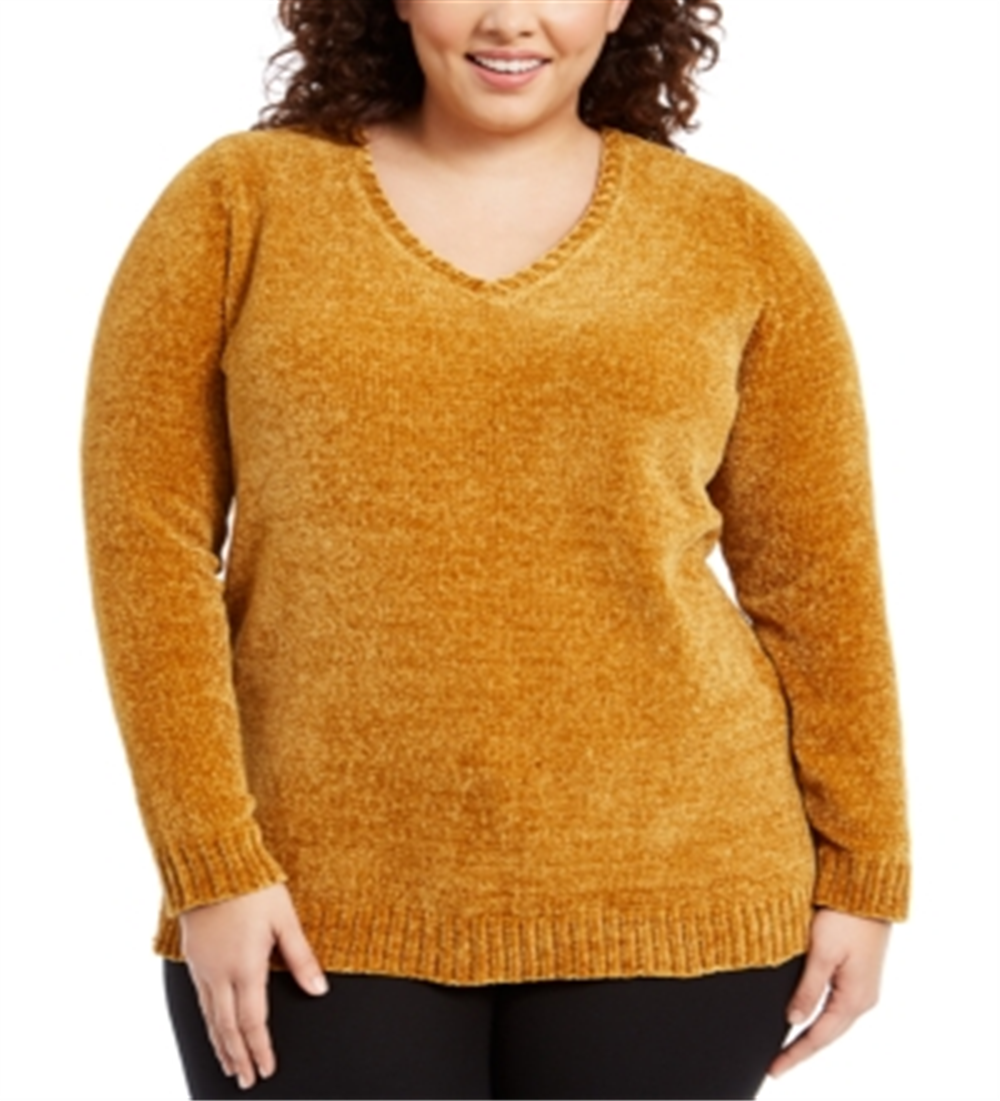 Karen Scott Suéter Feminino Plus Size Gola V Chenille Marrom Tamanho 2X