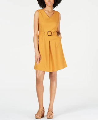 Vestido Monteau Feminino com Cinto e Ajuste Flare, Amarelo, Tamanho Pequeno X-Grande