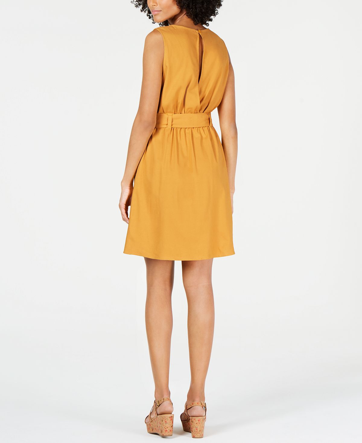 Vestido Monteau Feminino com Cinto e Ajuste Flare, Amarelo, Tamanho Pequeno X-Grande