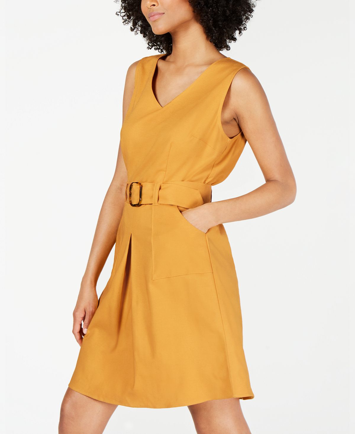Vestido Monteau Feminino com Cinto e Ajuste Flare, Amarelo, Tamanho Pequeno X-Grande