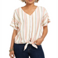 Blusa feminina listrada com amarração frontal e decote em V, rosa, tamanho médio