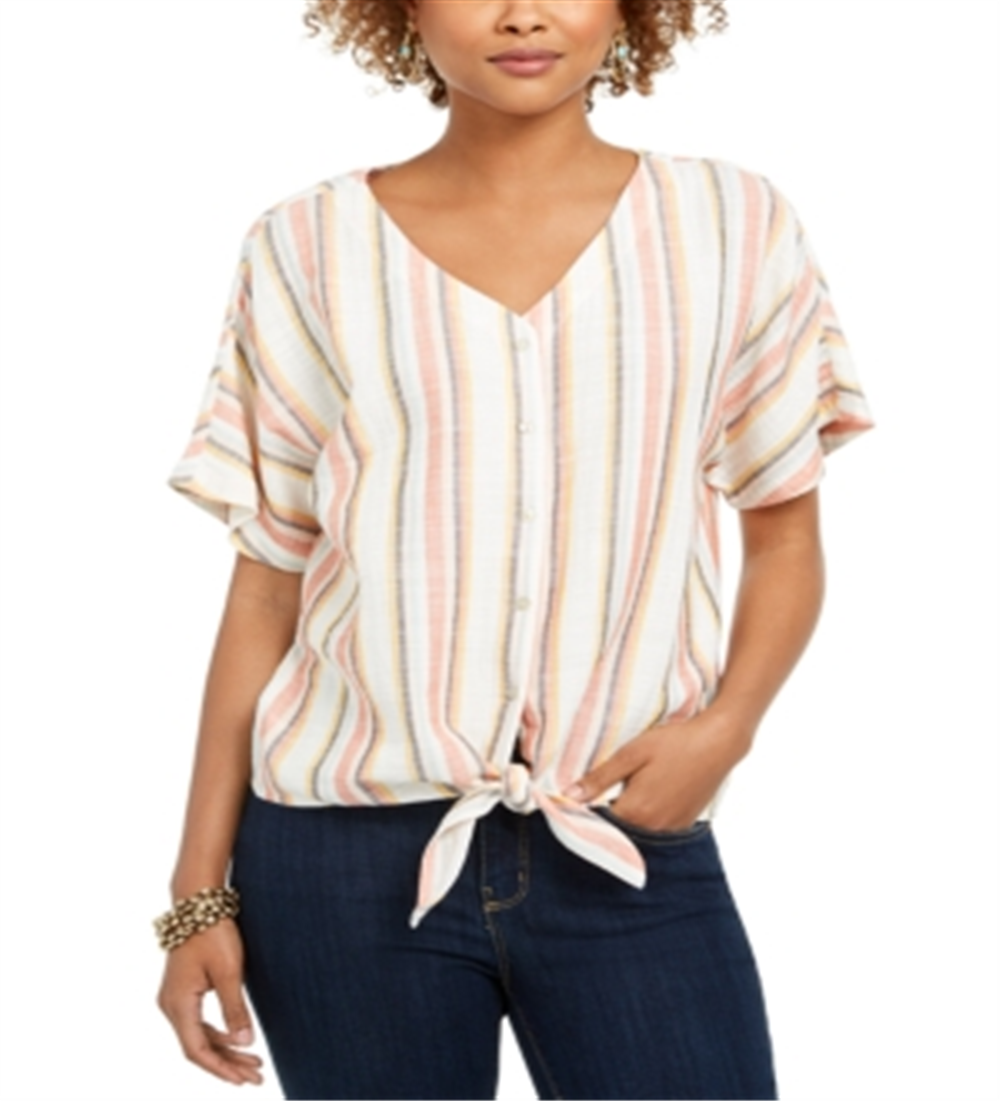 Blusa feminina listrada com amarração frontal e decote em V, rosa, tamanho médio