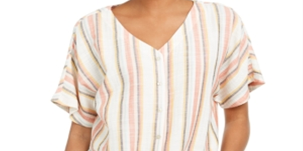 Blusa feminina listrada com amarração frontal e decote em V, rosa, tamanho médio