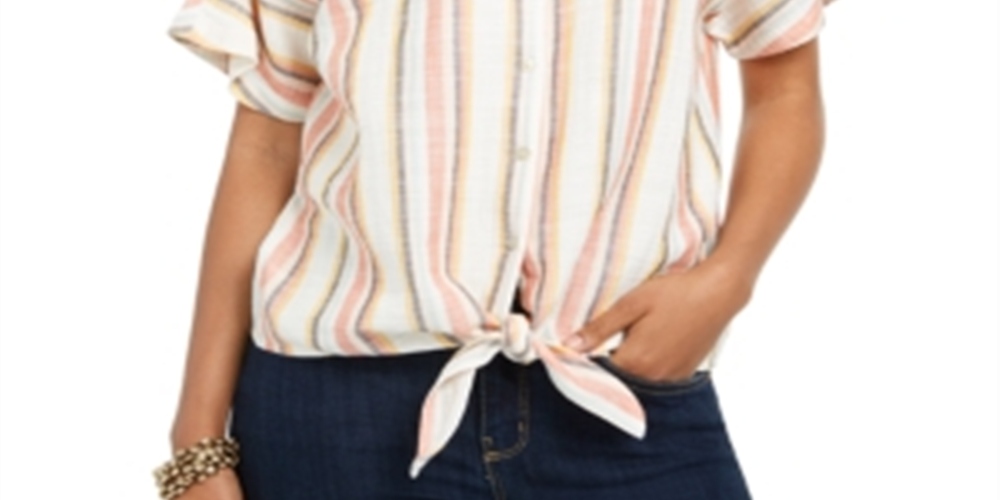 Blusa feminina listrada com amarração frontal e decote em V, rosa, tamanho médio