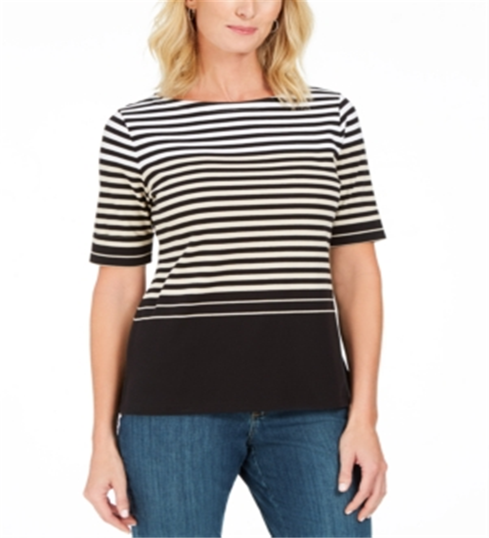 Karen Scott Blusa listrada com decote canoa feminina, marrom, tamanho pequeno P