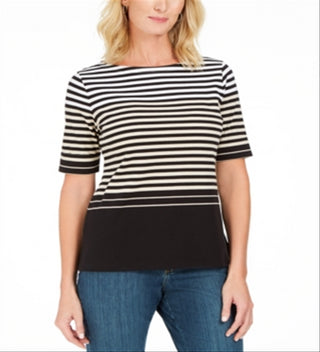 Karen Scott Blusa listrada com decote canoa feminina, marrom, tamanho pequeno P