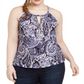 INC International Concepts Top feminino estampado com recorte em buraco de fechadura e embelezado, azul, tamanho 4X