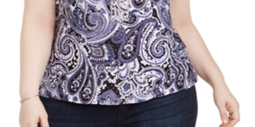 INC International Concepts Top feminino estampado com recorte em buraco de fechadura e embelezado, azul, tamanho 4X