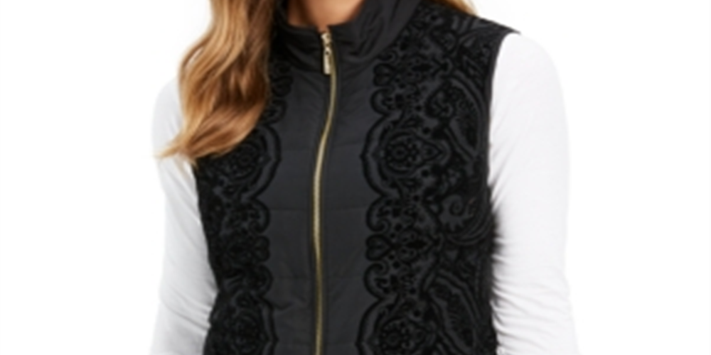 Colete acolchoado de veludo flocado feminino Charter Club, preto, tamanho pequeno P