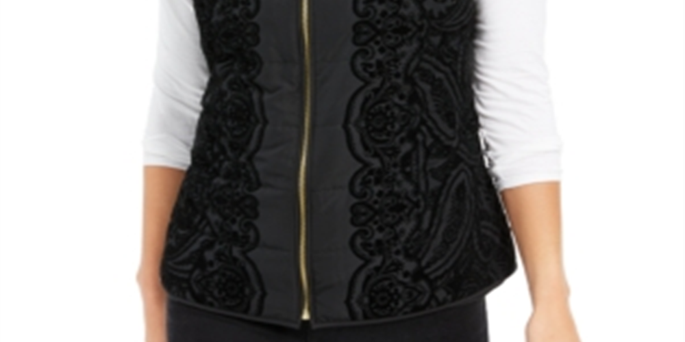 Colete acolchoado de veludo flocado feminino Charter Club, preto, tamanho pequeno P