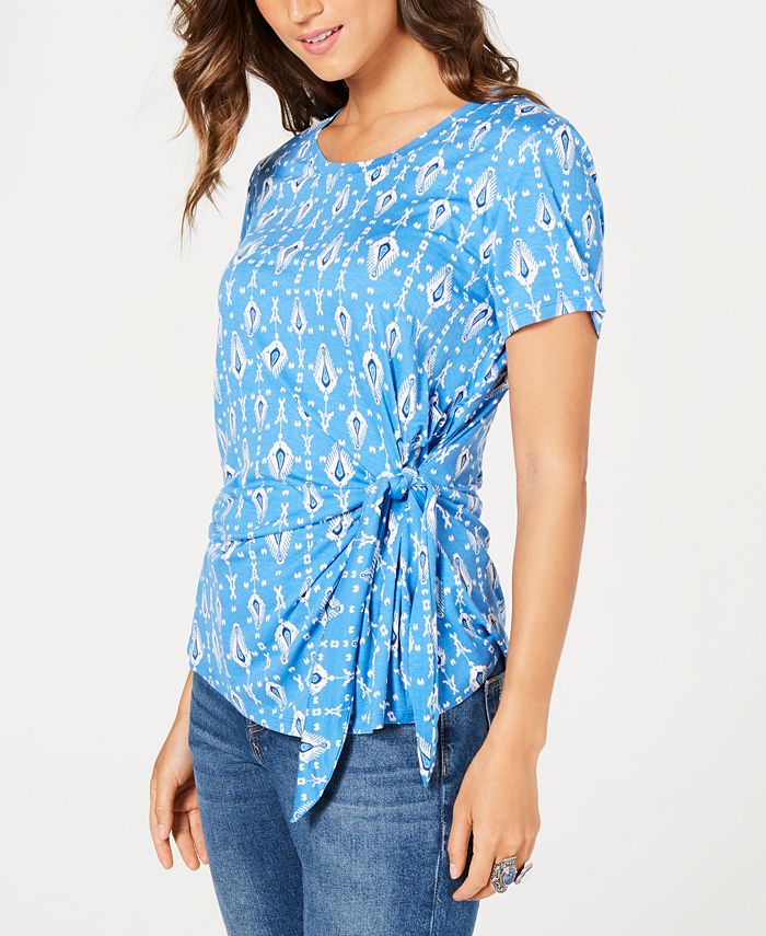 Blusa feminina estampada com amarração frontal, azul, tamanho pequeno GG