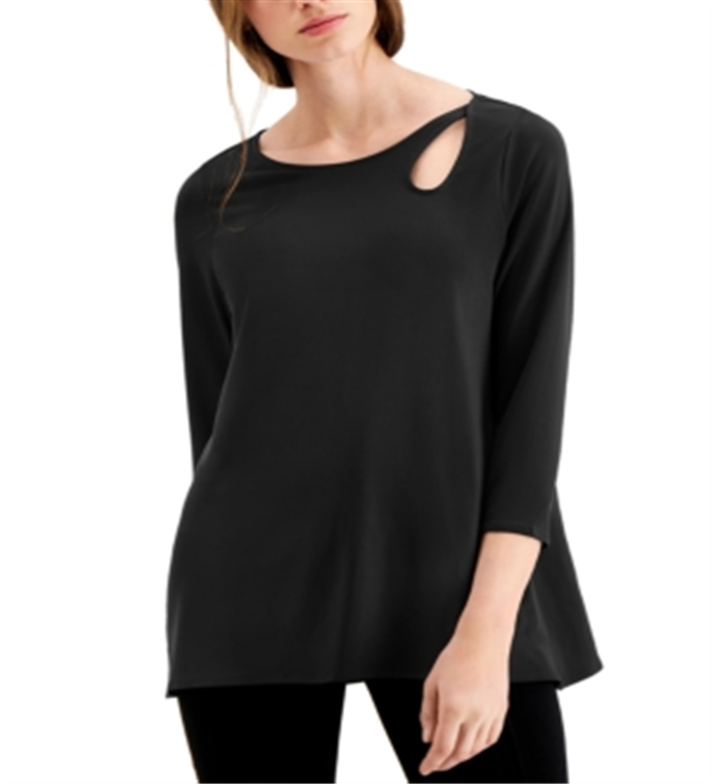 Blusa feminina Alfani com decote redondo e recorte, preta, tamanho G