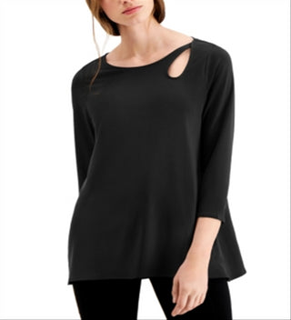 Blusa feminina Alfani com decote redondo e recorte, preta, tamanho G
