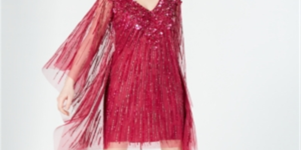 Vestido de coquetel feminino Adrianna Papell, sem mangas, com estampa de contas, decote em V acima do joelho, rosa, tamanho grande