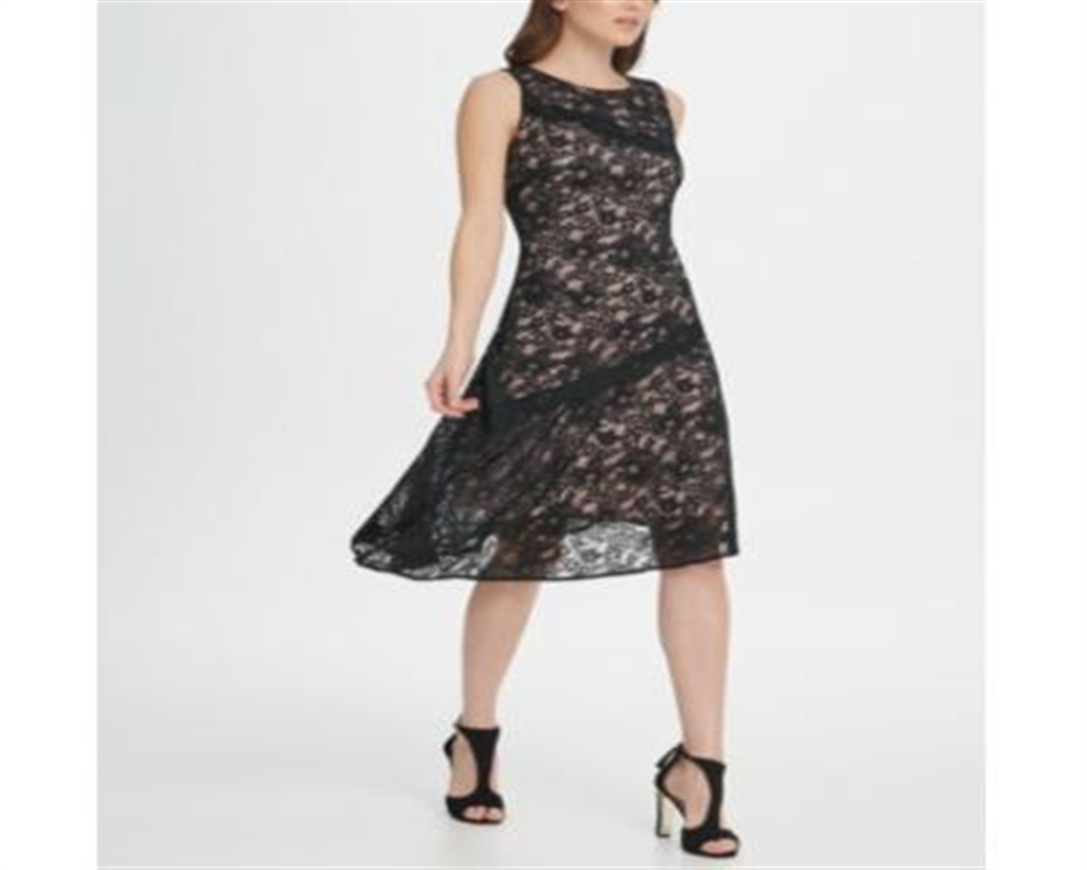 Vestido de renda com bainha assimétrica feminino DKNY, preto, tamanho 14