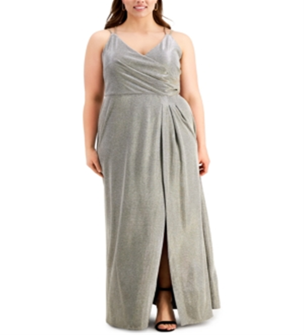 Vestido metálico com sobrepeliz plus size da Morgan &amp; Company para mulheres, amarelo, tamanho 22W