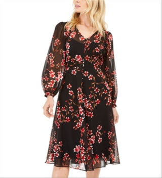 Vestido Calvin Klein Feminino Floral Chiffon Gola V Manga 3/4 Ajuste Flare Preto Tamanho 12