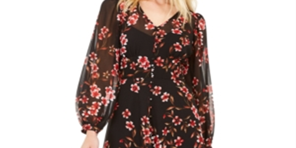 Vestido Calvin Klein Feminino Floral Chiffon Gola V Manga 3/4 Ajuste Flare Preto Tamanho 12