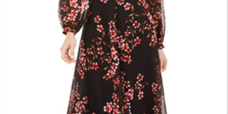 Vestido Calvin Klein Feminino Floral Chiffon Gola V Manga 3/4 Ajuste Flare Preto Tamanho 12