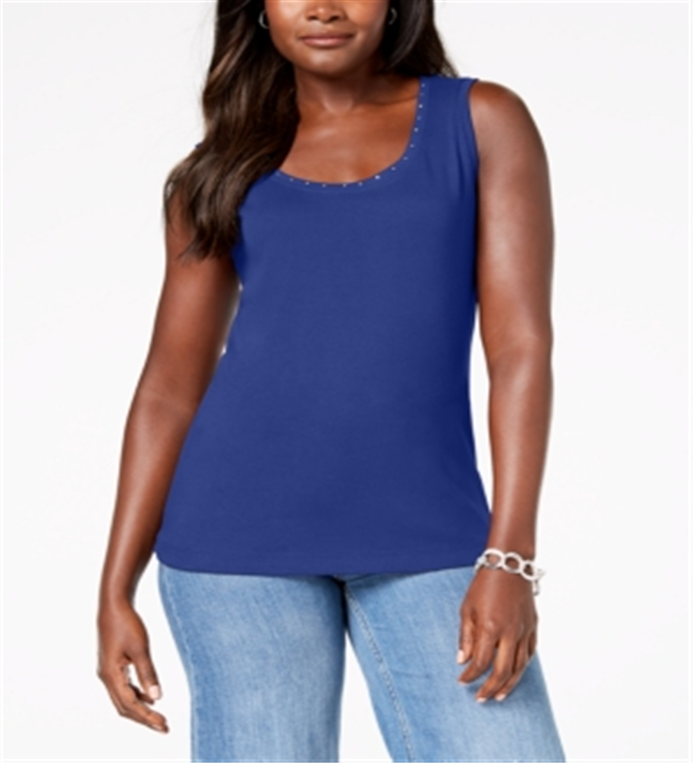 Regata feminina Karen Scott de algodão com tachas, azul, tamanho pequeno, médio
