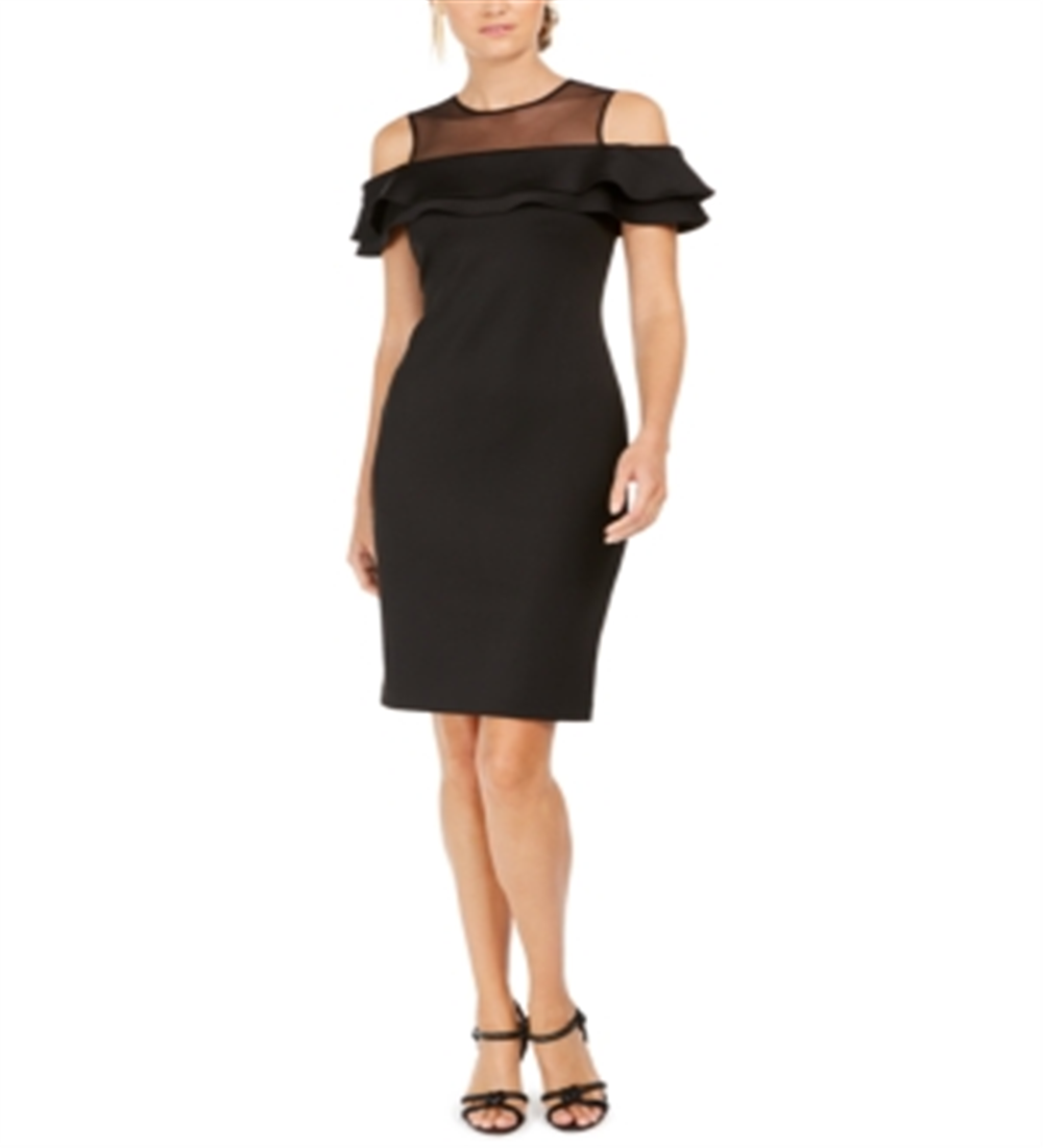 Vestido de festa Calvin Klein feminino, manga curta, decote ilusão, acima do joelho, bodycon, preto, tamanho 6