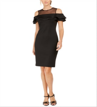 Vestido de festa Calvin Klein feminino, manga curta, decote ilusão, acima do joelho, bodycon, preto, tamanho 6