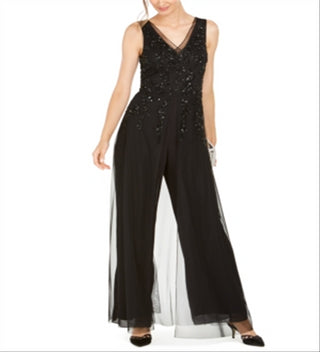 Adrianna Papell Women's Embellished Wide Leg Jumpsuit Black Size 14 Petite