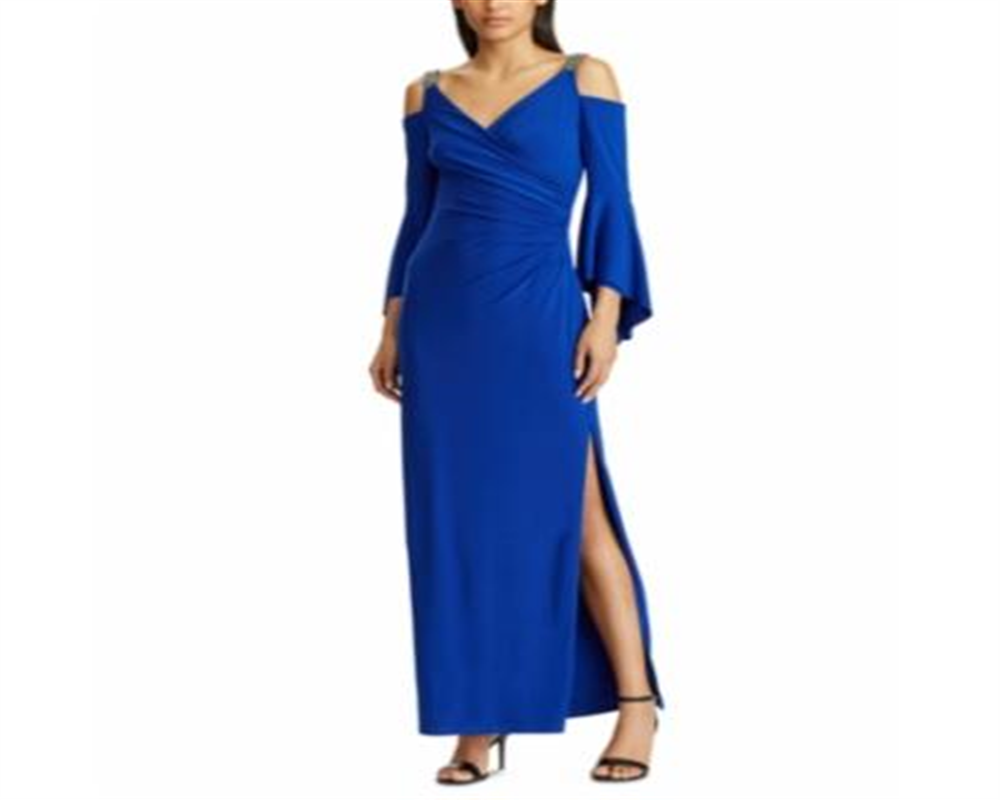Vestido de festa longo com alças finas e comprimento flare Ralph Lauren feminino, azul, tamanho 4