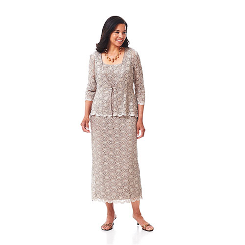 Vestido de noite feminino R &amp; M Richards com lantejoulas e decote redondo, tamanho 14, marrom