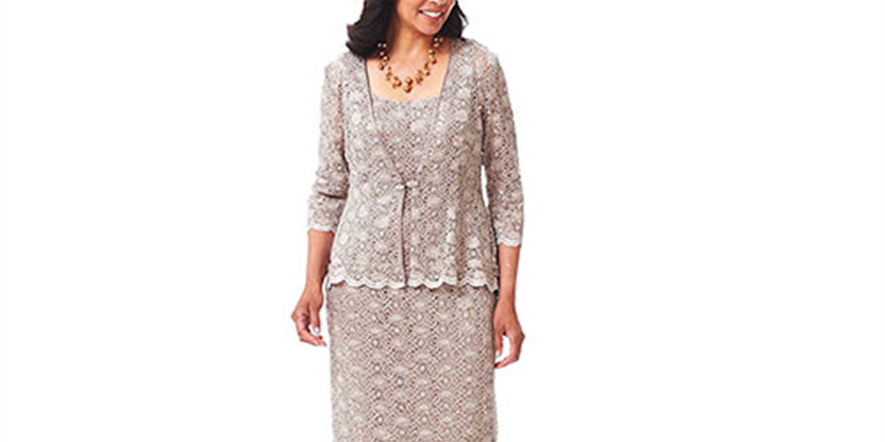 Vestido de noite feminino R &amp; M Richards com lantejoulas e decote redondo, tamanho 14, marrom
