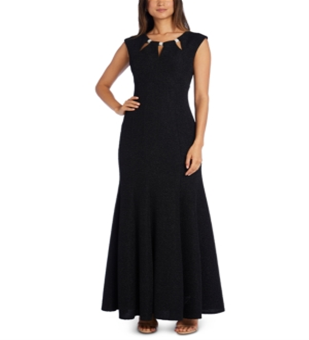 Vestido formal longo sereia com decote em V e zíper com glitter e manga curta R&amp;M Richards feminino, tamanho 16, preto