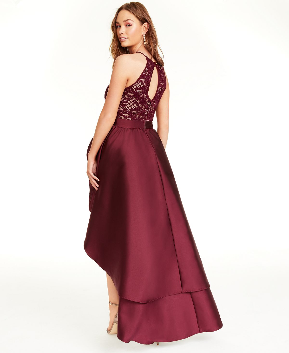 Vestido longo formal feminino com alças finas e decote halter e renda, cor esmeralda, roxo, tamanho 13