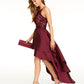Vestido longo formal feminino com alças finas e decote halter e renda, cor esmeralda, roxo, tamanho 13
