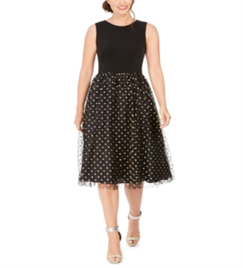 Vestido de festa Calvin Klein feminino, sem mangas, com zíper e glitter, decote joia, abaixo do joelho, estilo flare, preto, tamanho 16