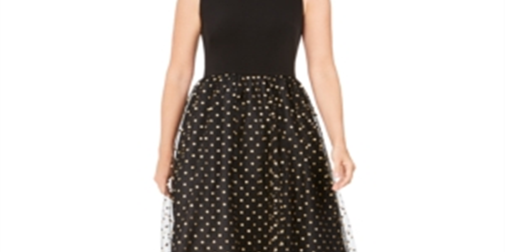 Vestido de festa Calvin Klein feminino, sem mangas, com zíper e glitter, decote joia, abaixo do joelho, estilo flare, preto, tamanho 16