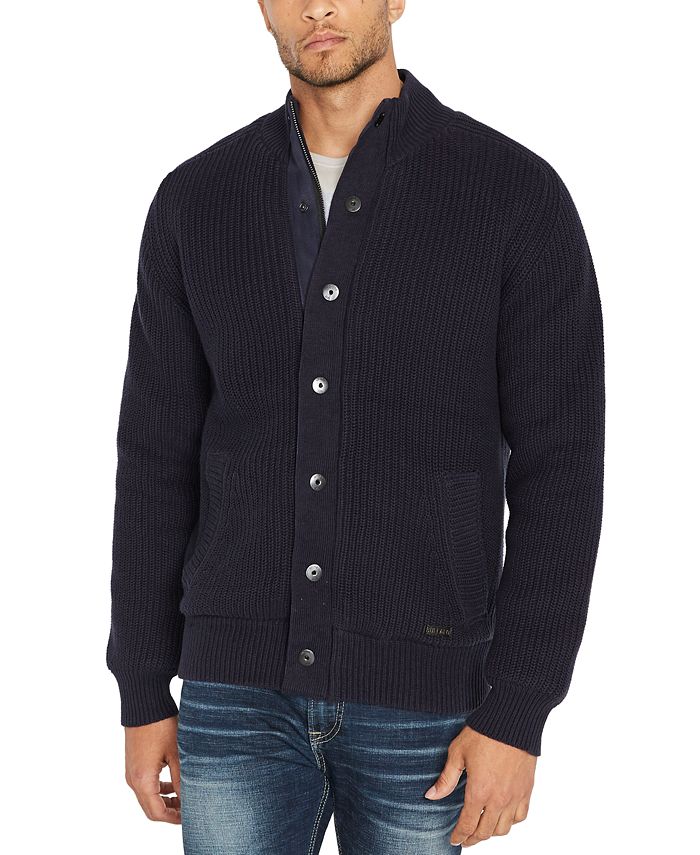 Buffalo David Bitton Suéter Masculino Cardigan Com Capuz Canelado Azul Tamanho X-G