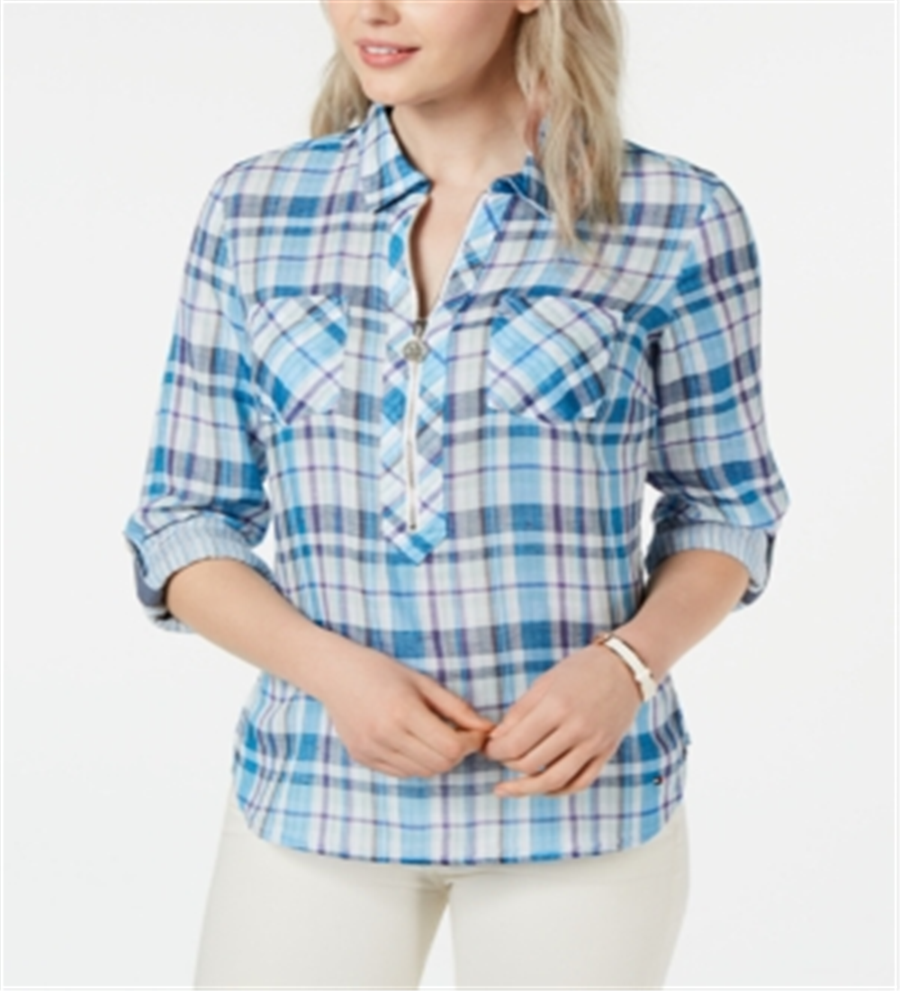 Camisa xadrez feminina Tommy Hilfiger com zíper e estampa popover, azul, tamanho P
