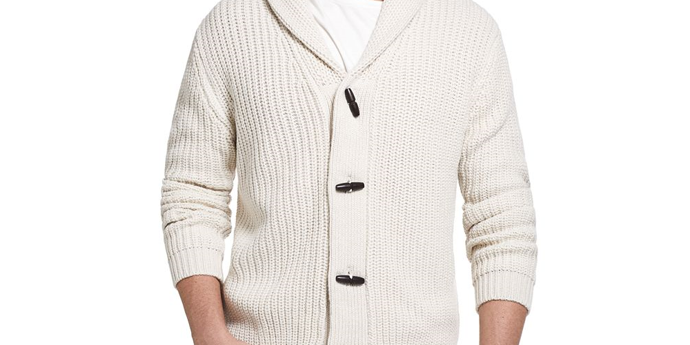 Cardigan masculino vintage à prova de intempéries com gola xale e tricô, azul, tamanho médio