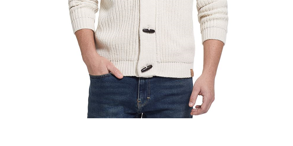 Cardigan masculino vintage à prova de intempéries com gola xale e tricô, azul, tamanho médio