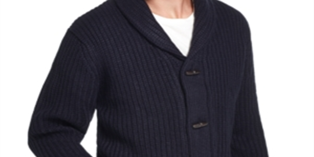 Cardigan masculino vintage à prova de intempéries com gola xale e tricô, azul, tamanho médio