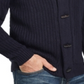 Cardigan masculino vintage à prova de intempéries com gola xale e tricô, azul, tamanho médio