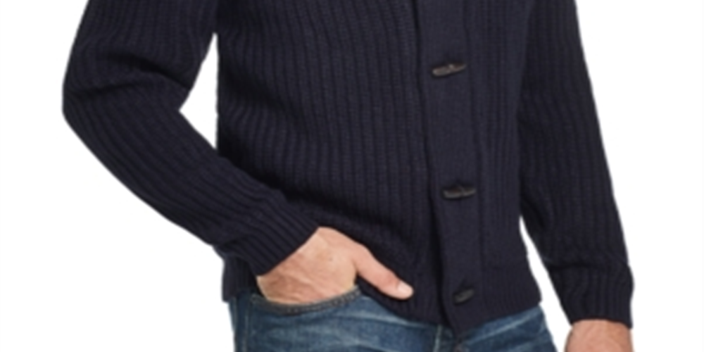 Cardigan masculino vintage à prova de intempéries com gola xale e tricô, azul, tamanho médio