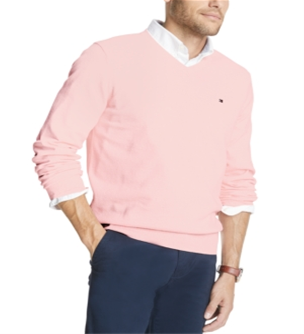 Suéter Tommy Hilfiger Signature Masculino Regular Fit com Decote em V e Manga Longa Rosa Tamanho G